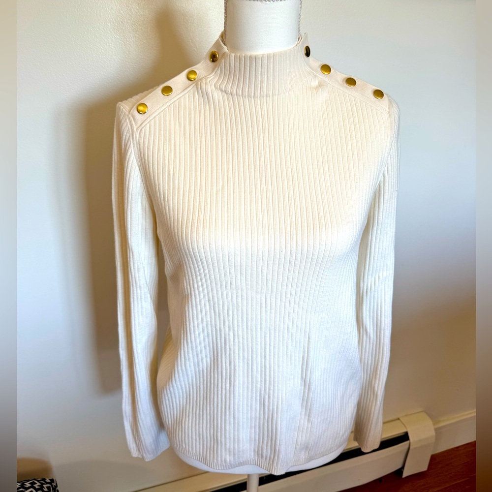 Talbots Ivory Sweater with Gold Button Detail on Shoulders Size Large